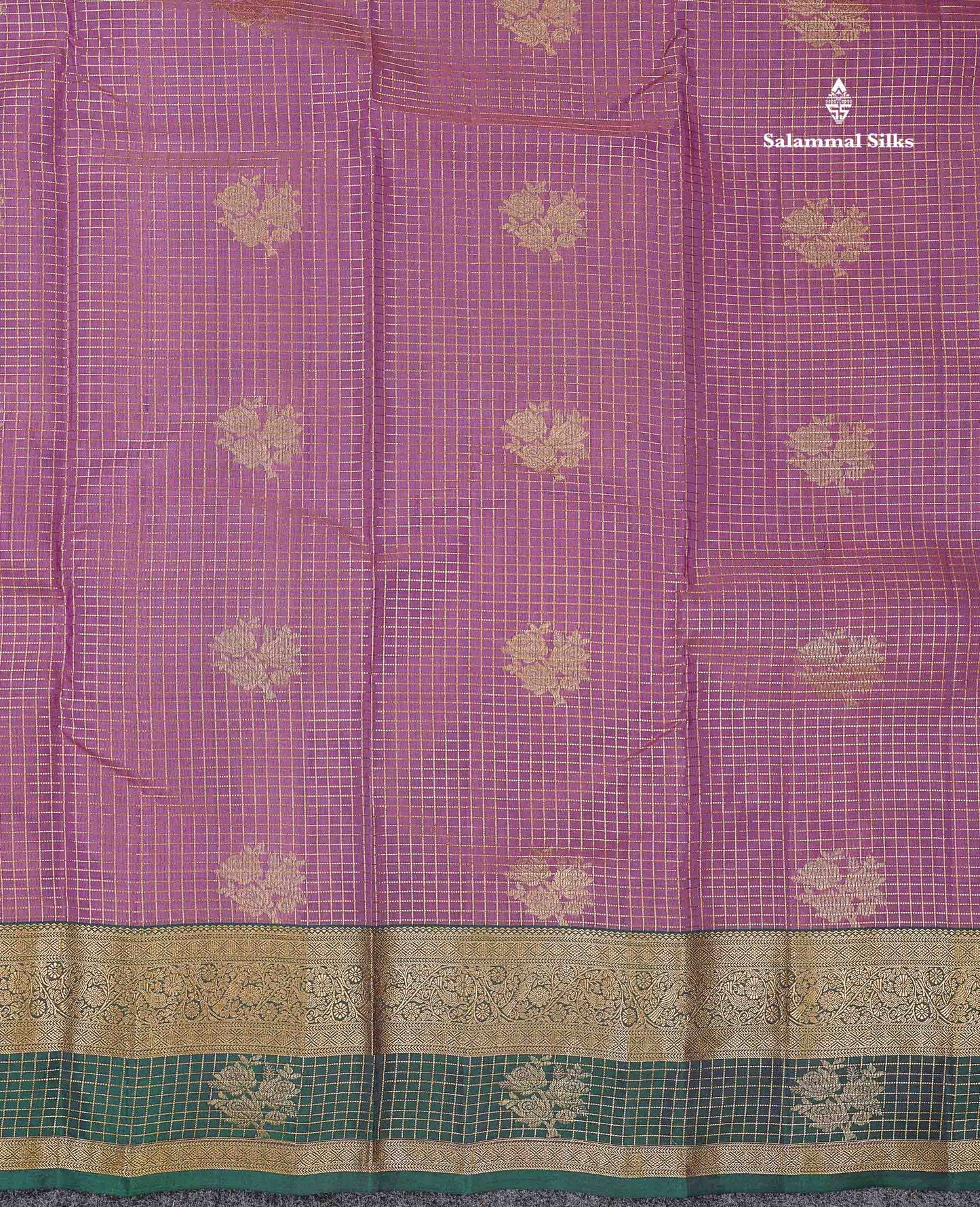 Beautiful Onion Pink Small Checks With Zari Butta PureMix Silk Saree With Contrast Bottle Green Traditional Border