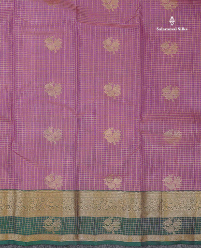 Beautiful Onion Pink Small Checks With Zari Butta PureMix Silk Saree With Contrast Bottle Green Traditional Border