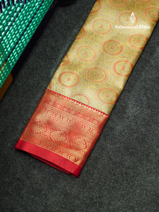 Semi Pattu Pavadai Tissue ( Sandal ) With Red Blouse 18"