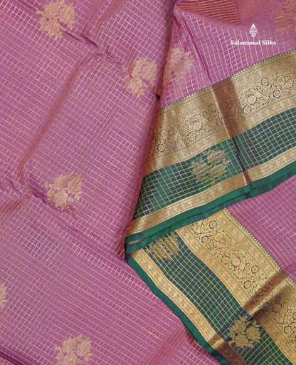 Beautiful Onion Pink Small Checks With Zari Butta PureMix Silk Saree With Contrast Bottle Green Traditional Border