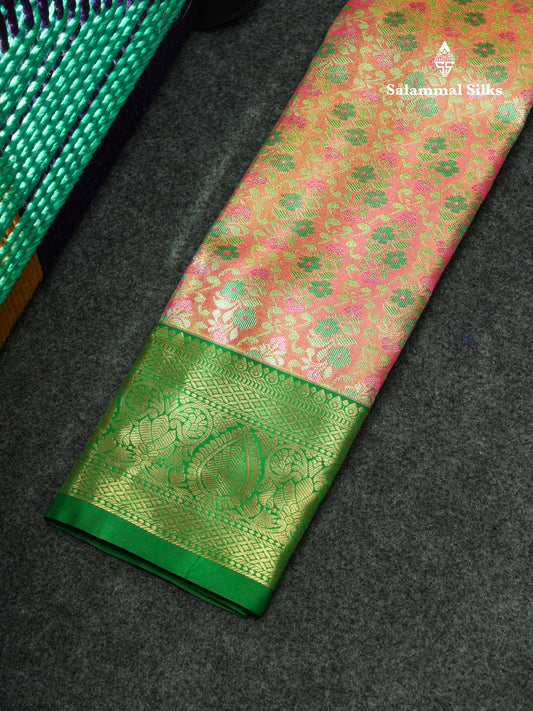 Semi Pattu Pavadai Tissue ( Orange ) With Green Blouse 18"