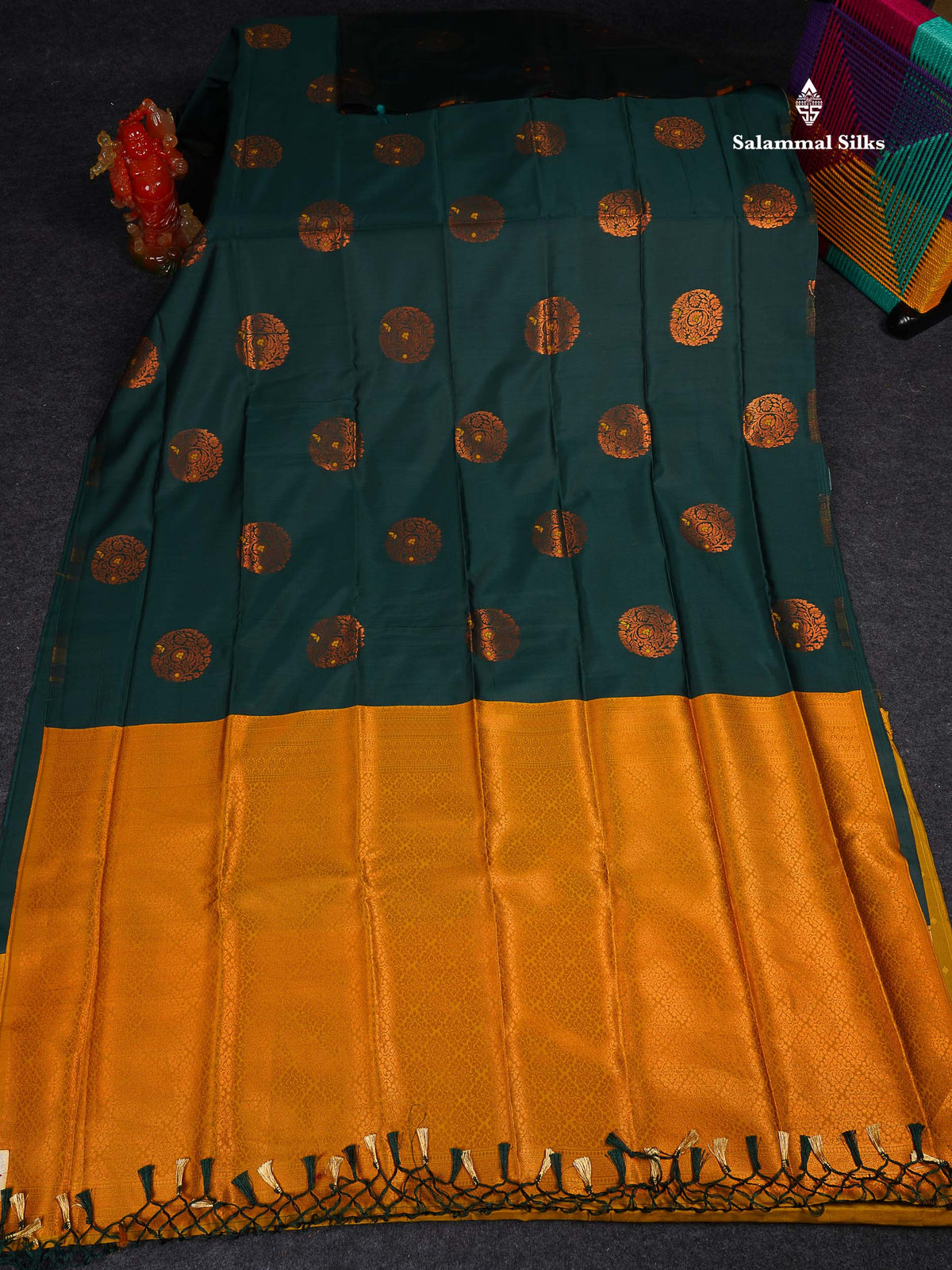 Semi Soft Silk Saree - Bottle Green Colour Body With Contrast Mustard Yellow Blouse 