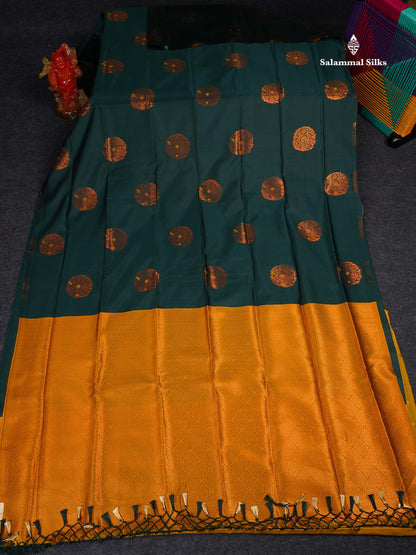 Semi Soft Silk Saree - Bottle Green Colour Body With Contrast Mustard Yellow Blouse 