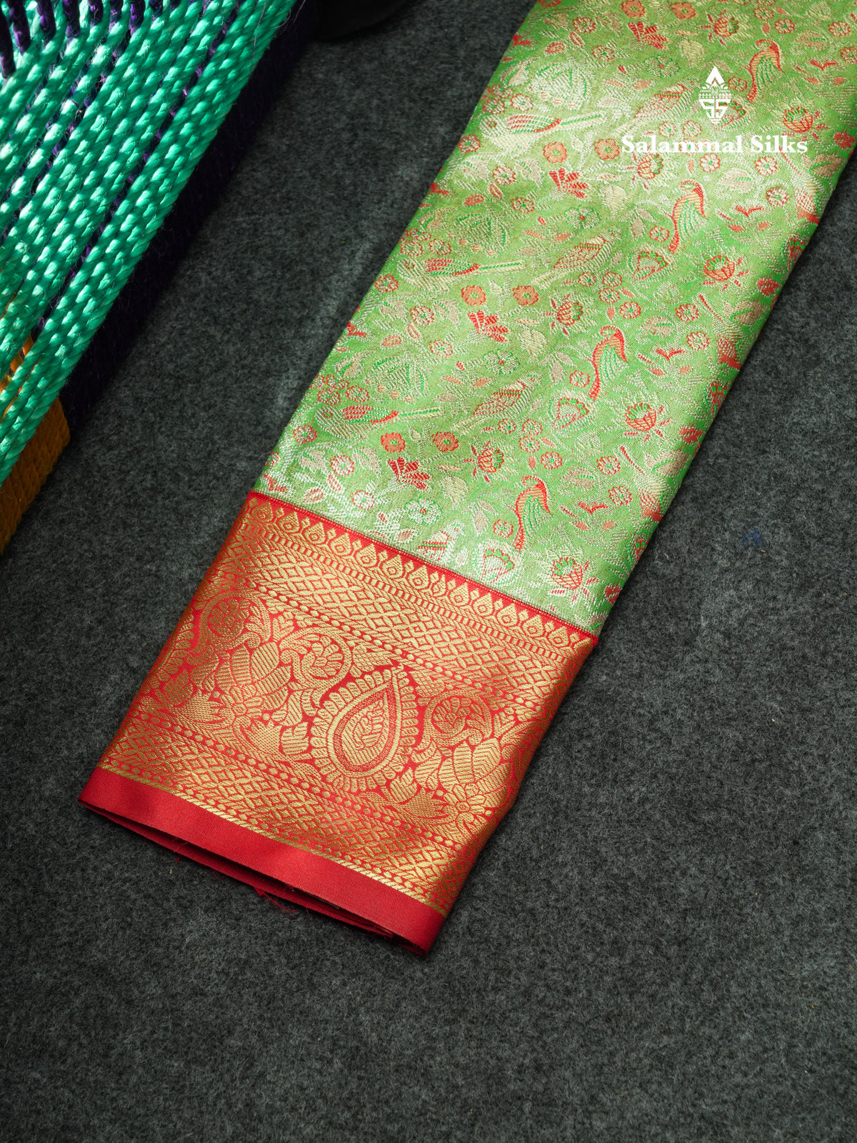 Semi Pattu Pavadai Tissue ( Parrot Green ) With Red Blouse 18"
