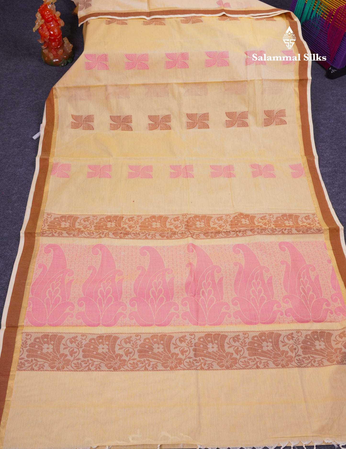 Beautiful Light Yellow Pure Cotton Saree With Contrast Small Brown Border