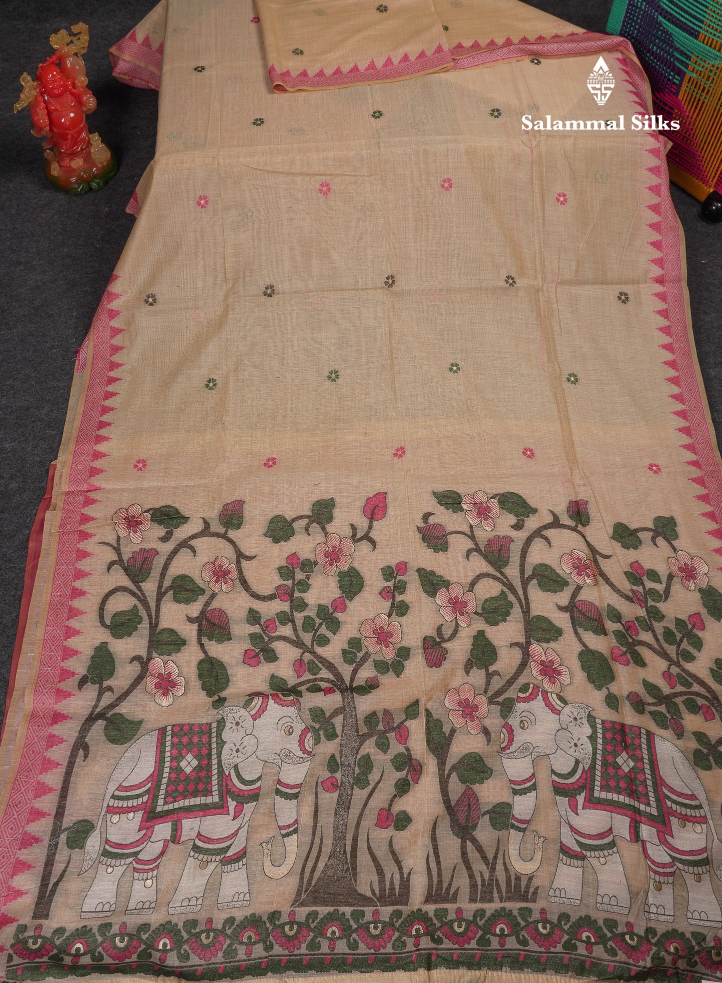 Beautiful Cream Sandal Menakari Work Muga Cotton Saree With Contrast Pink Blouse