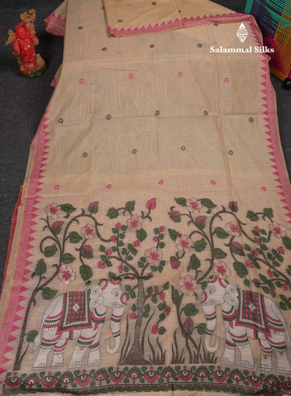 Beautiful Cream Sandal Menakari Work Muga Cotton Saree With Contrast Pink Blouse