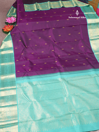 Kanjivaram Beautiful Violet Pure Silk Saree With Contrast Rexona Green Korvai Border