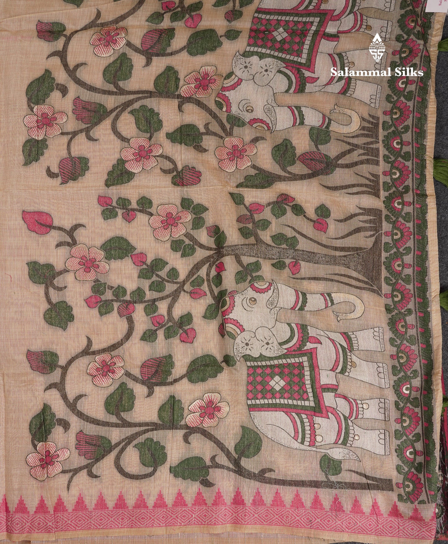 Beautiful Cream Sandal Menakari Work Muga Cotton Saree With Contrast Pink Blouse
