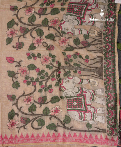Beautiful Cream Sandal Menakari Work Muga Cotton Saree With Contrast Pink Blouse