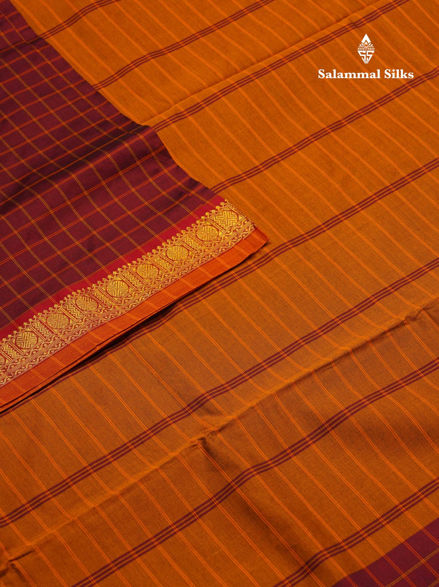 Beautiful Maroon Thread Checks Semi Silk Cotton Saree With Mustard Yellow Border
