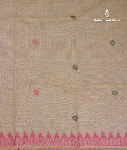 Beautiful Cream Sandal Menakari Work Muga Cotton Saree With Contrast Pink Blouse