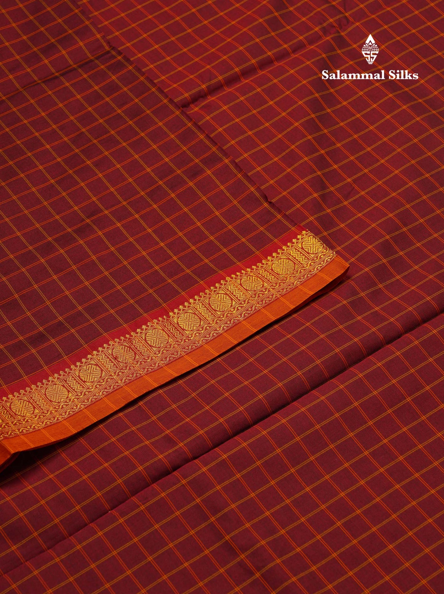 Beautiful Maroon Thread Checks Semi Silk Cotton Saree With Mustard Yellow Border