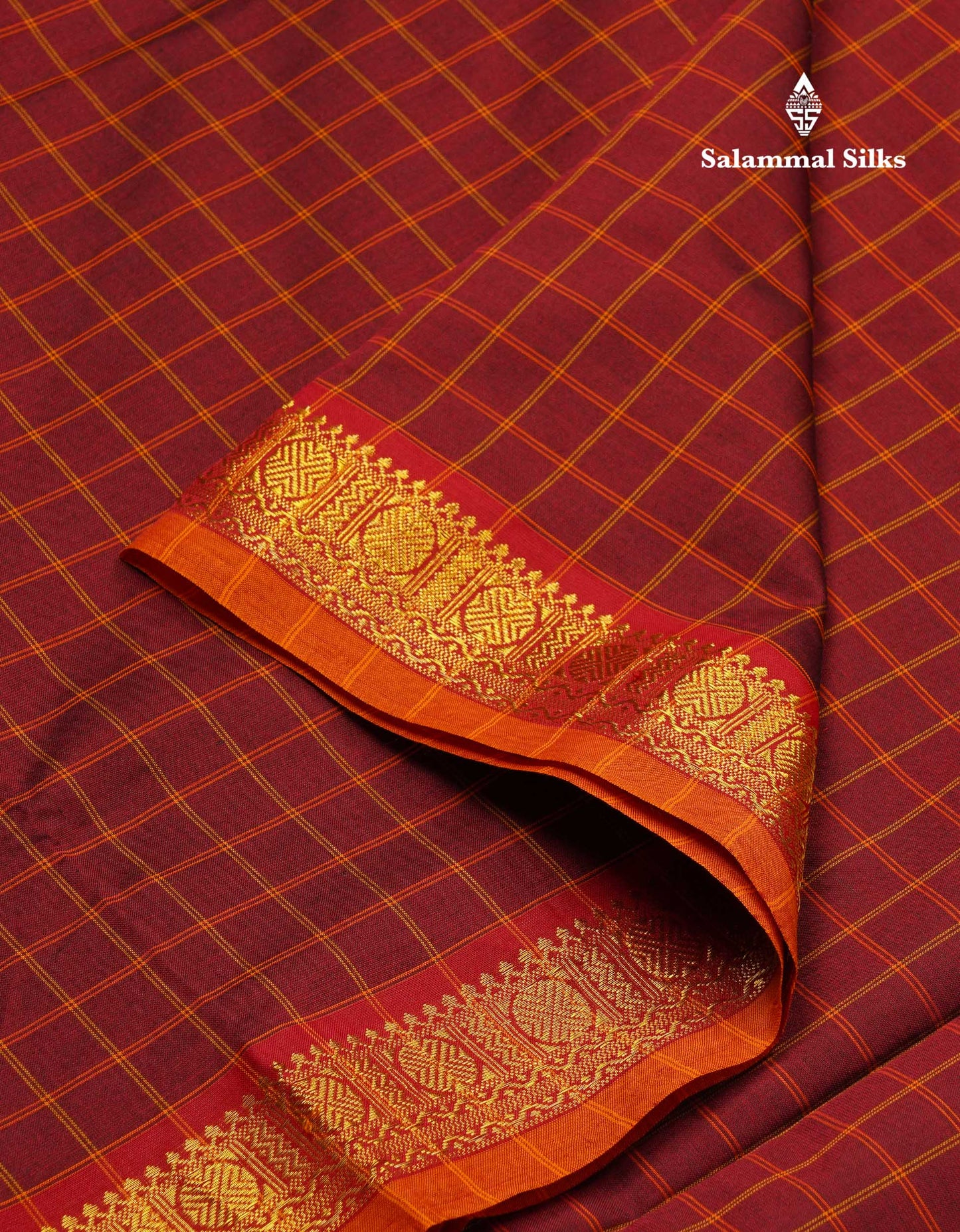 Beautiful Maroon Thread Checks Semi Silk Cotton Saree With Mustard Yellow Border