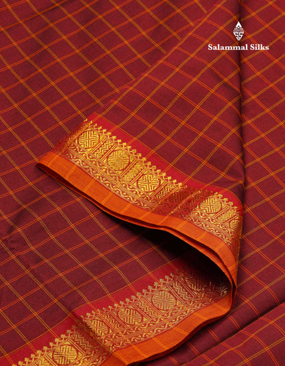 Beautiful Maroon Thread Checks Semi Silk Cotton Saree With Mustard Yellow Border