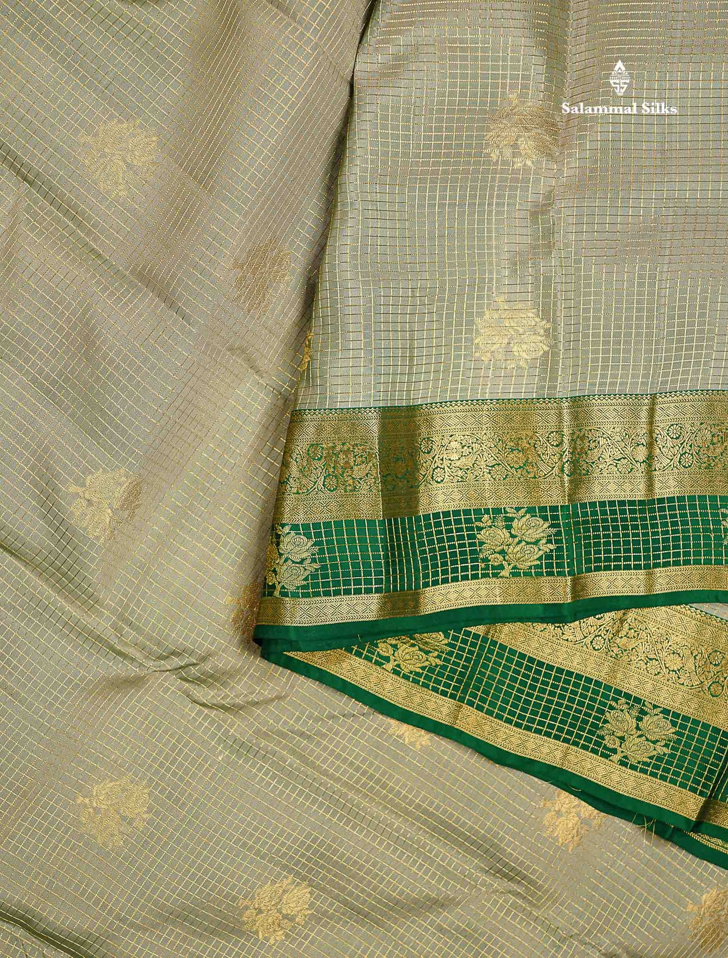 Beautiful Onion Pink Small Checks With Zari Butta PureMix Silk Saree With Contrast Bottle Green Traditional Border