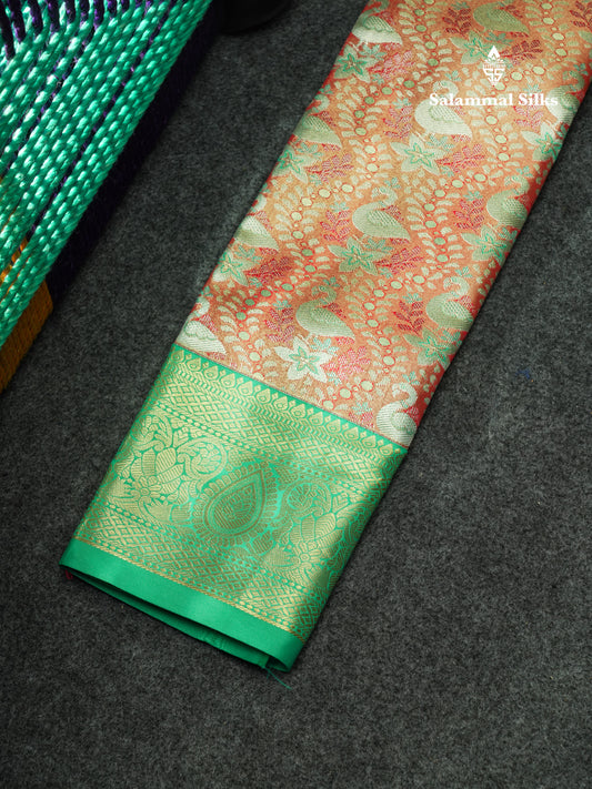 Semi Silk Pattu Pavadai  (Orange) with Sapphire Green Colour Blouse 18"