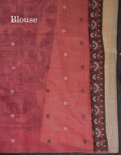 Beautiful Cream Sandal Menakari Work Muga Cotton Saree With Contrast Pink Blouse