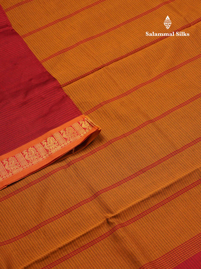 Beautiful Maroon Thread Lines Semi Silk Cotton Saree With Mustrad Yellow Traditional Border
