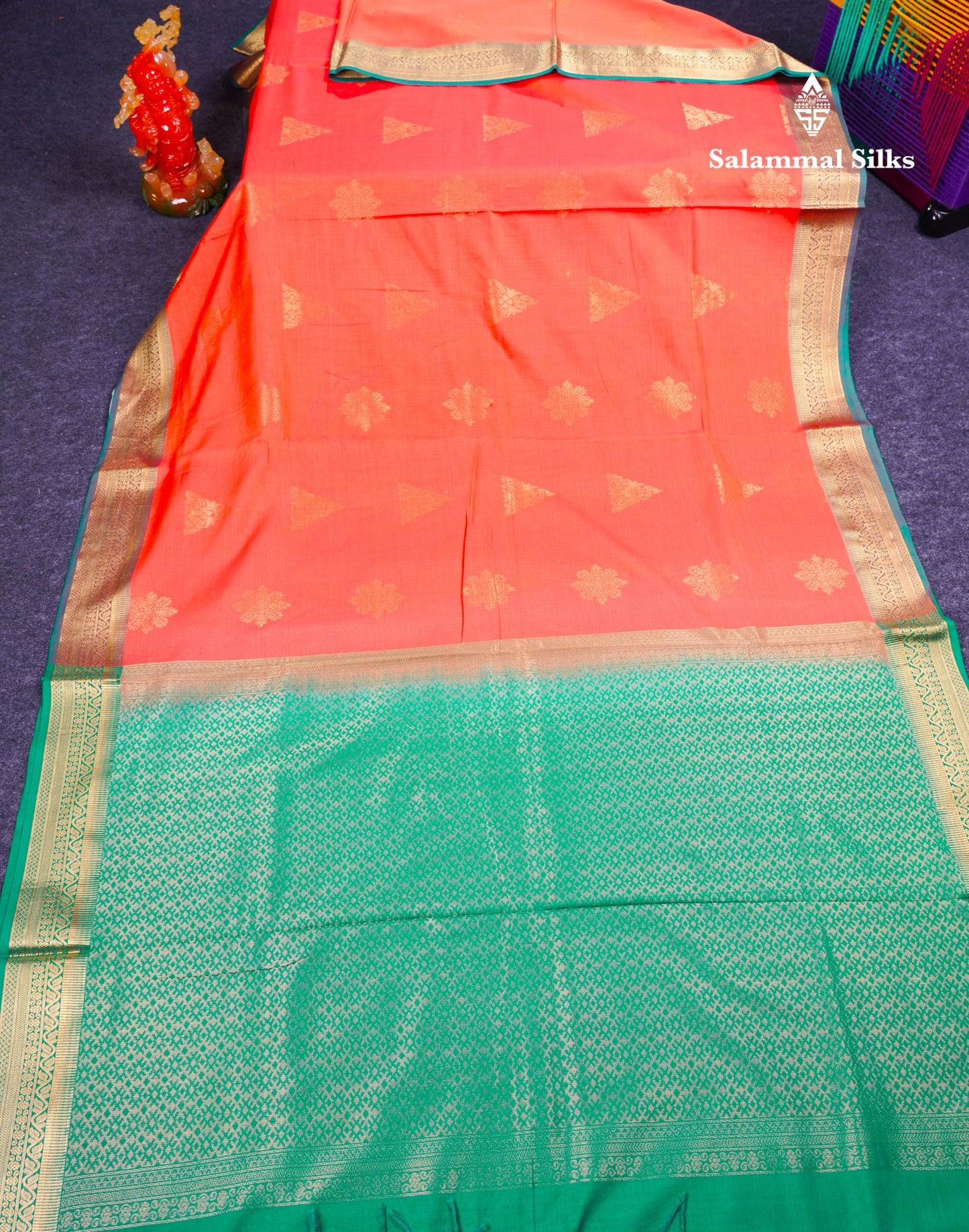 Beautiful Peach Cotton Mix Saree With Contrast Saffire Green Traditional Border