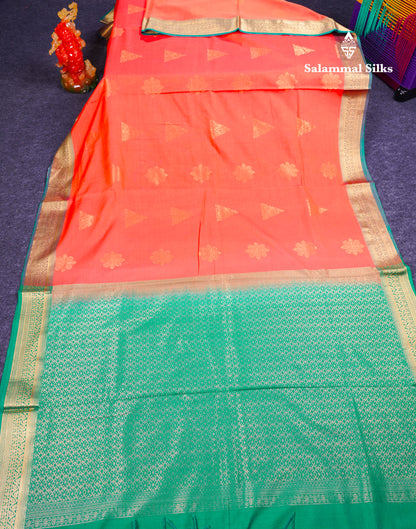 Beautiful Peach Cotton Mix Saree With Contrast Saffire Green Traditional Border
