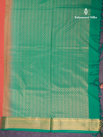 Beautiful Peach Cotton Mix Saree With Contrast Saffire Green Traditional Border
