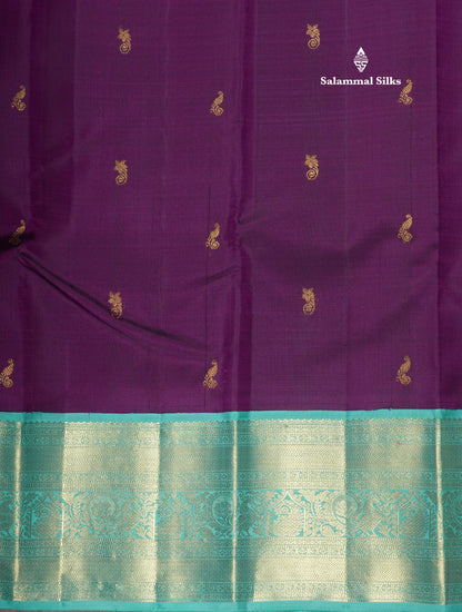 Kanjivaram Beautiful Violet Pure Silk Saree With Contrast Rexona Green Korvai Border
