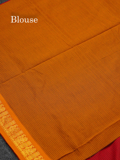 Beautiful Maroon Thread Lines Semi Silk Cotton Saree With Mustrad Yellow Traditional Border