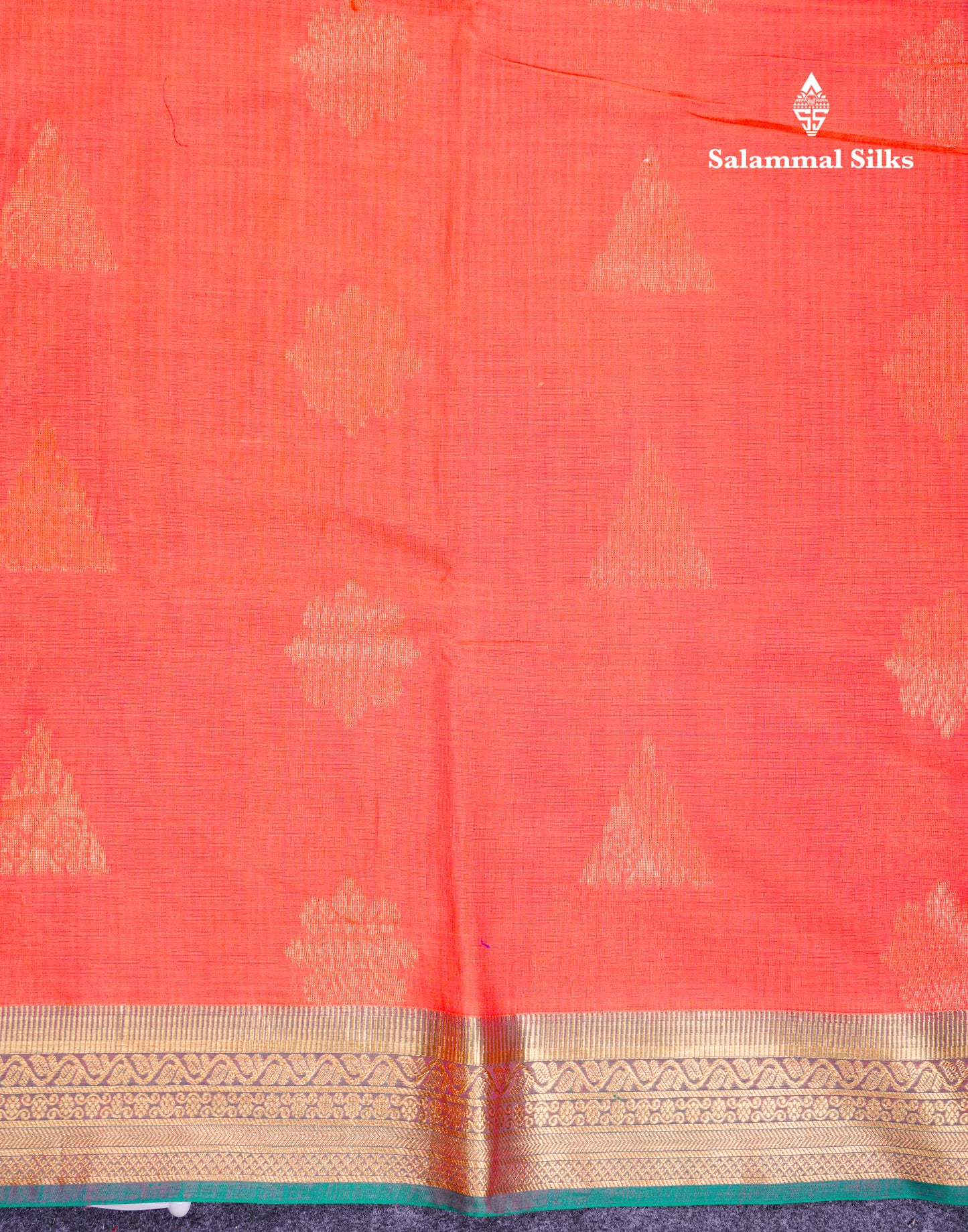 Beautiful Peach Cotton Mix Saree With Contrast Saffire Green Traditional Border