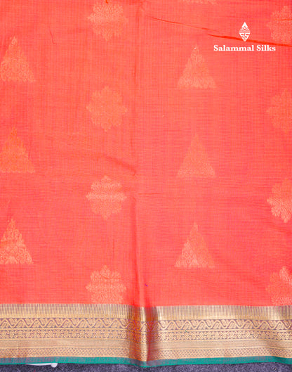 Beautiful Peach Cotton Mix Saree With Contrast Saffire Green Traditional Border