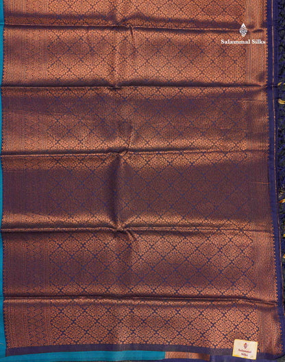 Semi Soft Silk Saree - Navy Blue Colour Body With Contrast Bottle Green Blouse