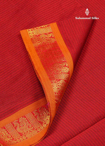 Beautiful Maroon Thread Lines Semi Silk Cotton Saree With Mustrad Yellow Traditional Border