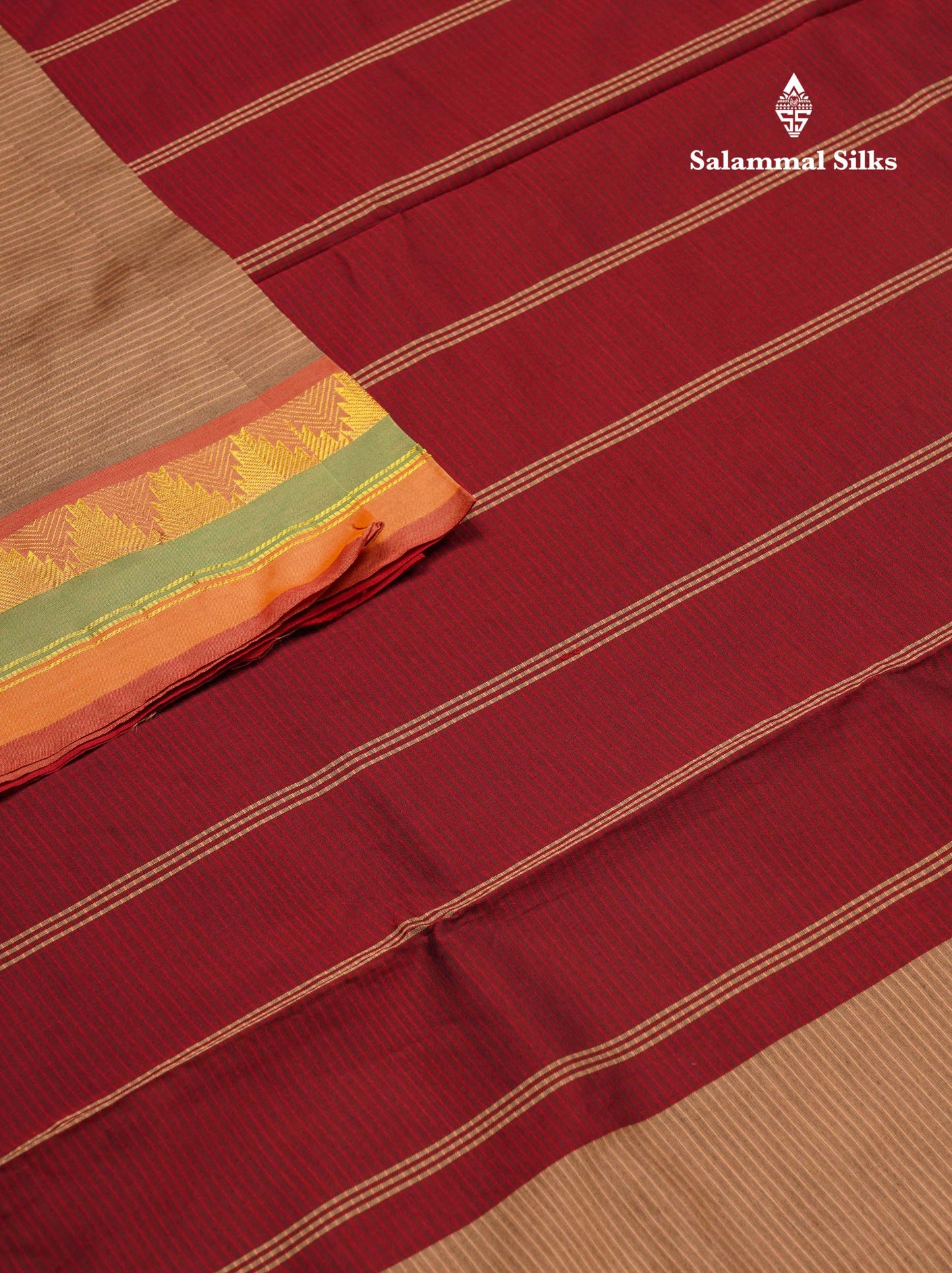 Beautiful Light Chocolet Thread Lines Semi Silk Cotton Saree With Maroon Traditional Temple Border