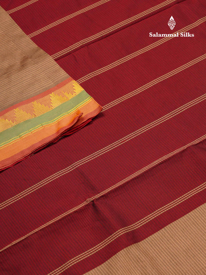 Beautiful Light Chocolet Thread Lines Semi Silk Cotton Saree With Maroon Traditional Temple Border