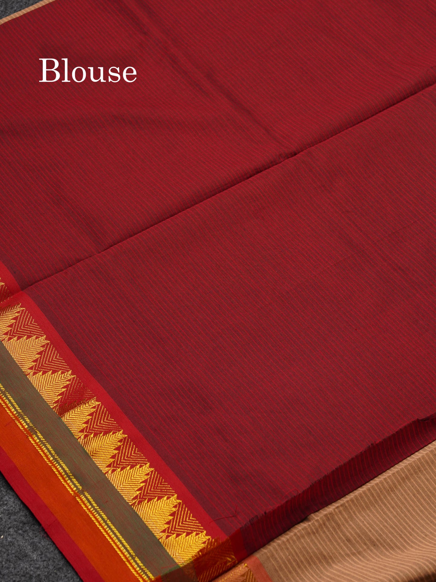 Beautiful Light Chocolet Thread Lines Semi Silk Cotton Saree With Maroon Traditional Temple Border