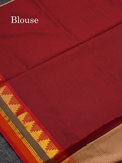 Beautiful Light Chocolet Thread Lines Semi Silk Cotton Saree With Maroon Traditional Temple Border
