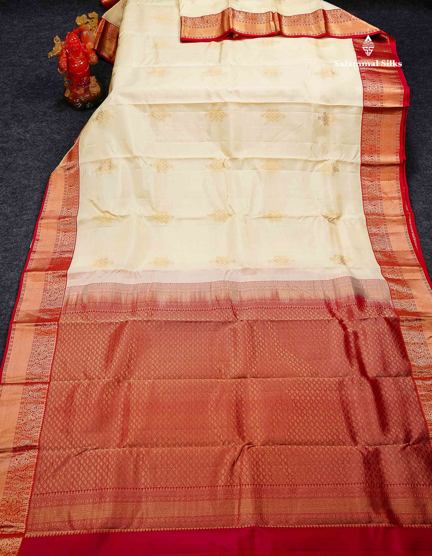 Beautiful Half White Zari Butta PureMix Silk Saree With Contrast Red Traditional Border