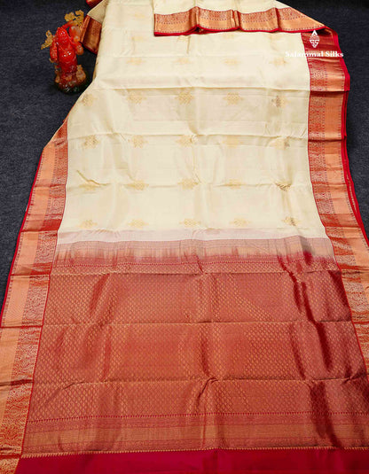 Beautiful Half White Zari Butta PureMix Silk Saree With Contrast Red Traditional Border