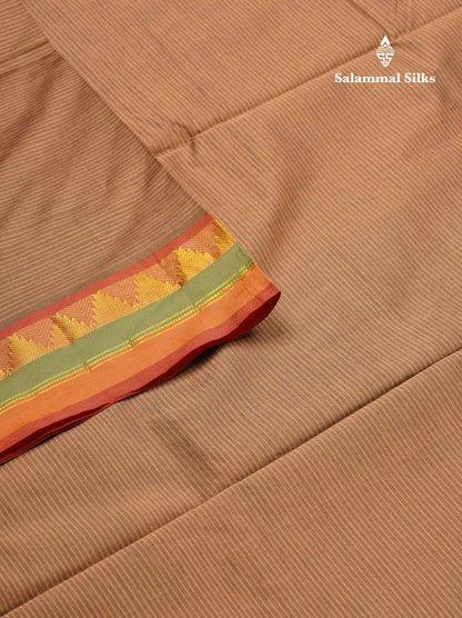 Beautiful Light Chocolet Thread Lines Semi Silk Cotton Saree With Maroon Traditional Temple Border