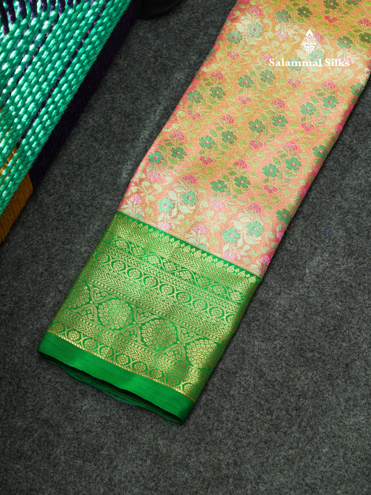 Semi Pattu Pavadai Tissue ( Peach) With Green Blouse 18"