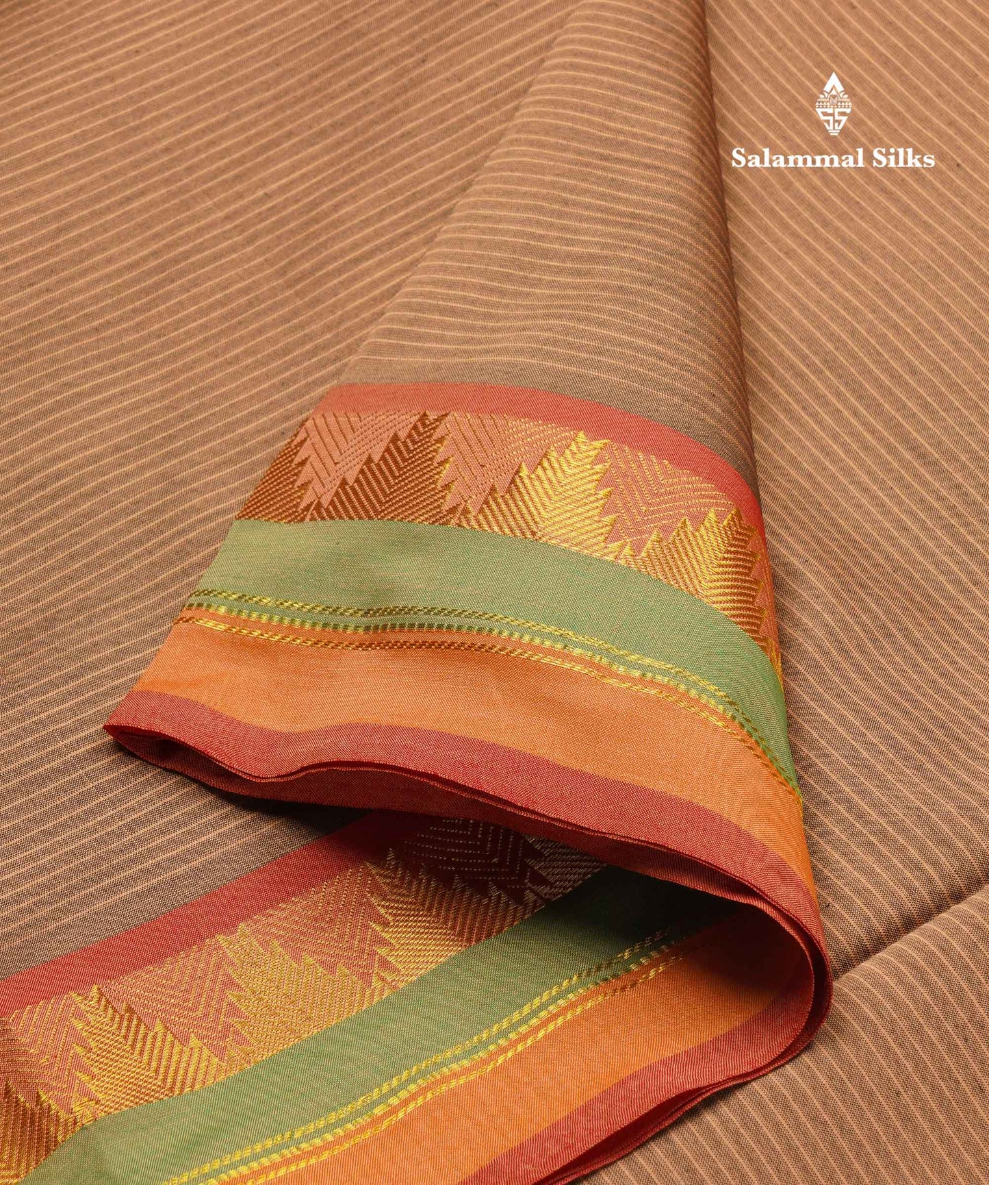 Beautiful Light Chocolet Thread Lines Semi Silk Cotton Saree With Maroon Traditional Temple Border