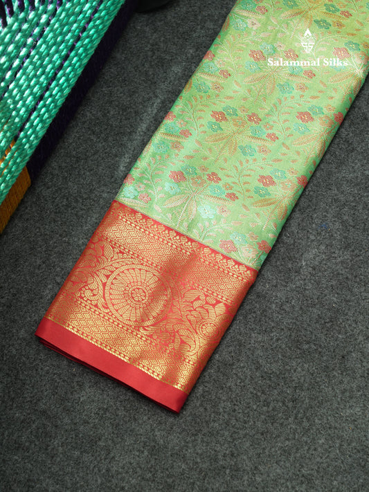 Semi Pattu Pavadai Tissue ( Light Green ) With Red Blouse 18"
