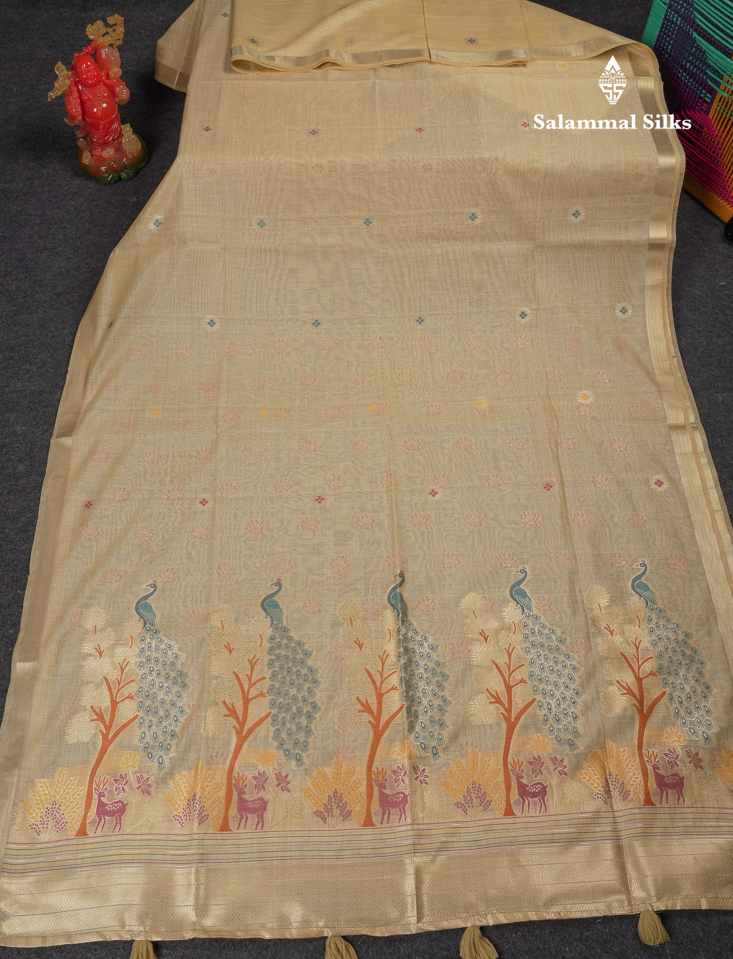 Beautiful Cream Menakari Work Muga Cotton Saree With Butta Blouse