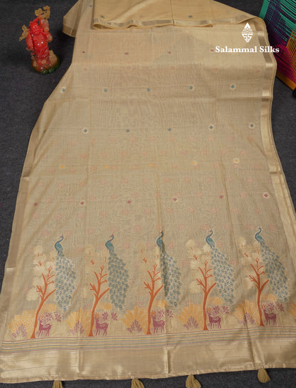 Beautiful Cream Menakari Work Muga Cotton Saree With Butta Blouse