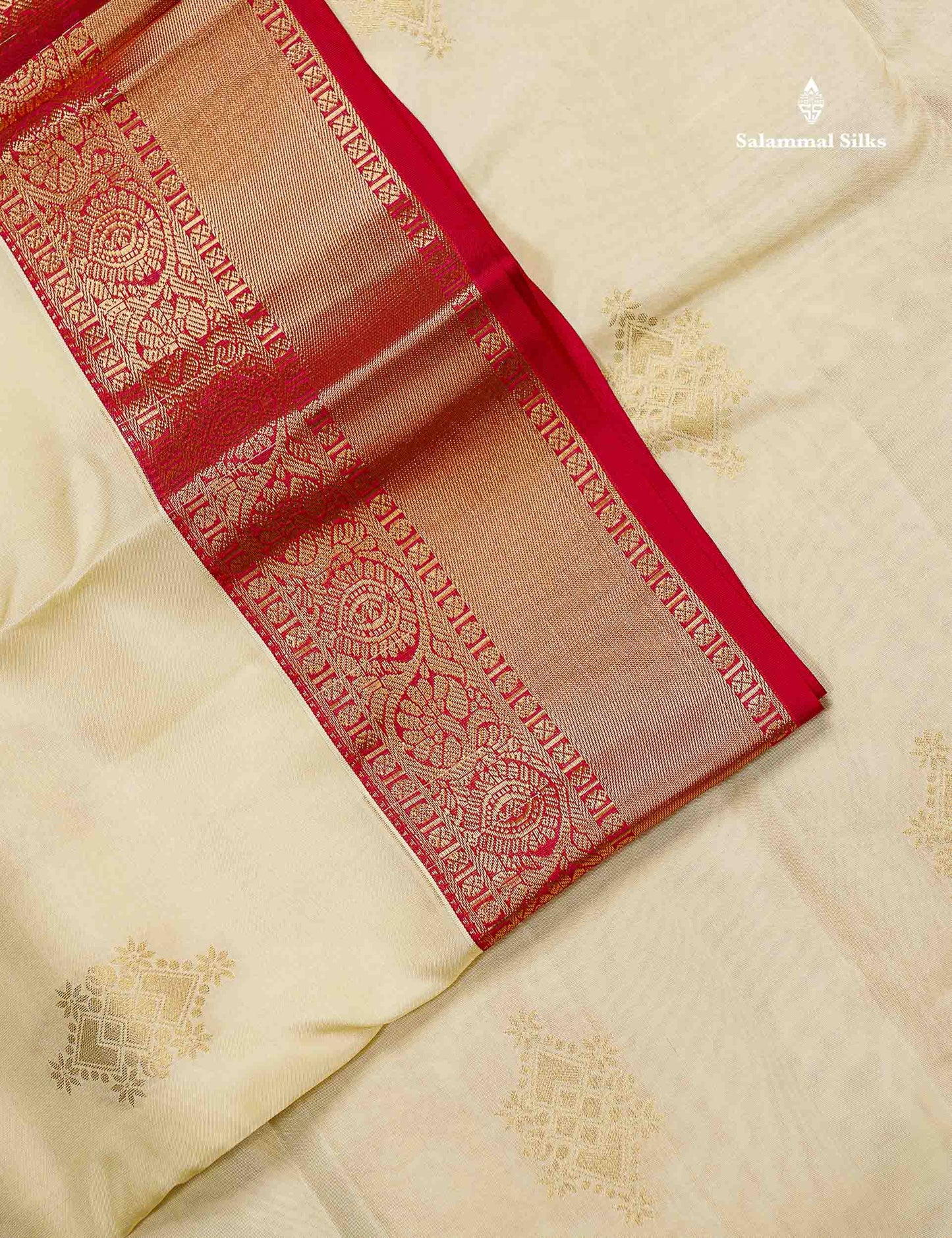Beautiful Half White Zari Butta PureMix Silk Saree With Contrast Red Traditional Border