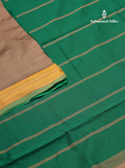 Beautiful Light Grey Thread Lines Semi Silk Cotton Saree With Bottle Green Traditional Border