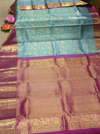 Kanjivaram Beautiful Sea Blue Pure Silk Saree With Contrast Magenta Traditional Border