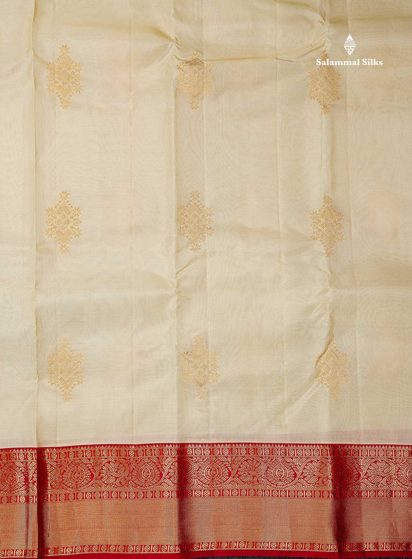 Beautiful Half White Zari Butta PureMix Silk Saree With Contrast Red Traditional Border