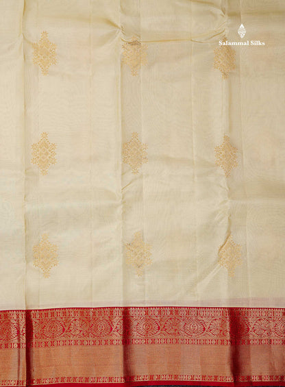 Beautiful Half White Zari Butta PureMix Silk Saree With Contrast Red Traditional Border