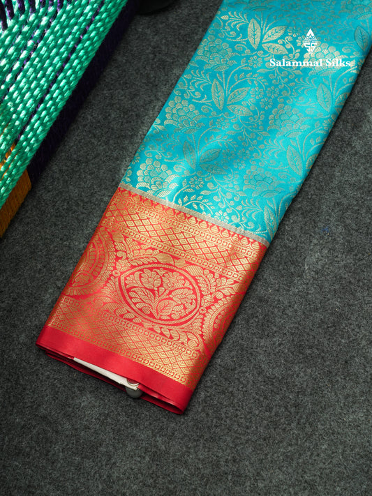 Semi Silk Pattu Pavadai  (Light Ramar Blue) with Chilly Red Blouse 18"
